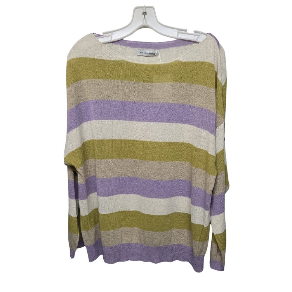 Adele Altman Sweater Striped Knit Cotton Top L Purple Green Semi-Sheer Relaxed